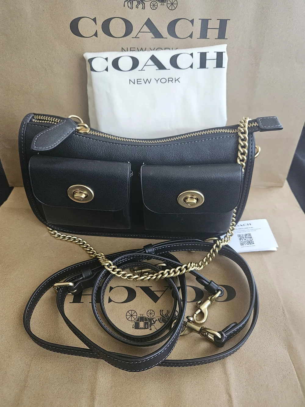 NWOT Coach Twin Turnlock Waverly Bag Brass/Black CDZ20 W/ 3 Detachable Straps